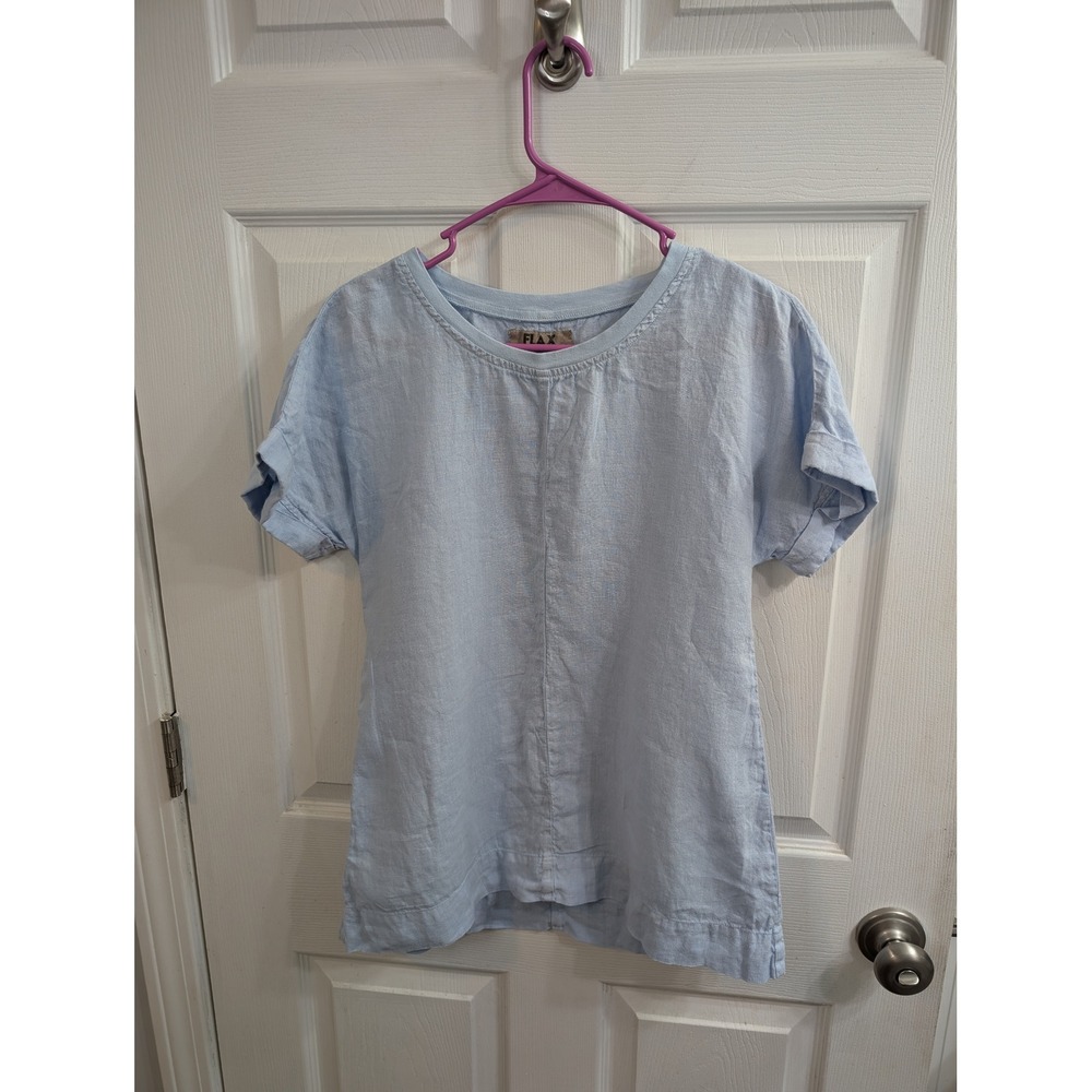 FLAX Linen‎ Short Sleeve Top Womens Light Blue Cuffed Pullover - Size P (XS)